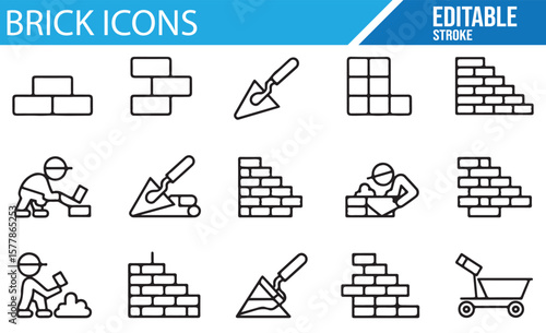 Set of Editable Stroke Brickwork Icons for Construction, Wall Building, and Masonry Projects