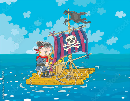 Funny sea pirate floating on a wooden raft with a steering wheel, a shabby sail with Jolly Roger and a tattered black flag after shipwreck, vector cartoon illustration