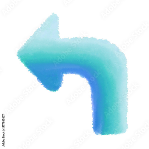 Gradient blue turn left arrow symbol drawn with watercolor on an isolated transparent background. Template for banner, poster, etc.