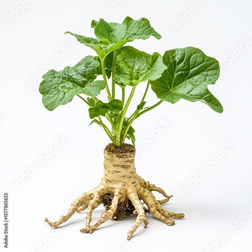 mandragora officinarum mandrake plant broad wrinkled leaves and bifurcated human like root isolated on white transparent background