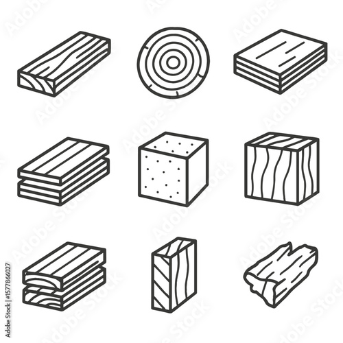 Wood Type Icons. Line style icons of wood types and materials: plank board, log slice, plywood sheet, laminated wood, MDF panel,