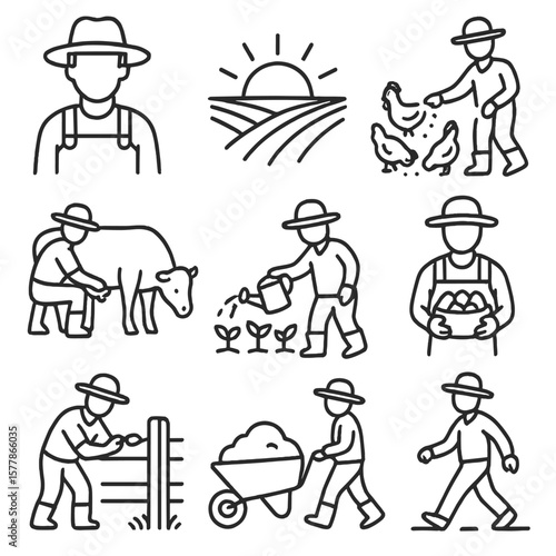 Wallpaper Mural Rural Life Icons. Line style icons of daily rural life: farmer with hat, sunrise over field, feeding chickens, milking cow, Torontodigital.ca