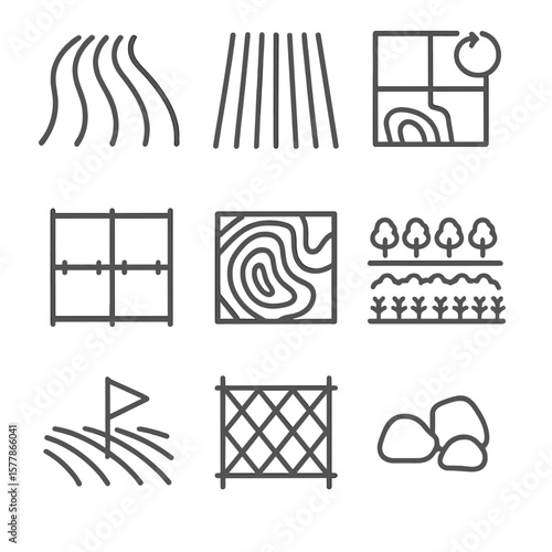 Field Pattern Icons. Line style icons of field patterns and layout: furrowed field, crop rows, rotation map, fenced paddocks,