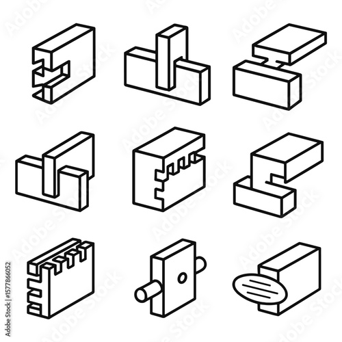 Wood Joint Icons. Line style icons of wood joints and techniques: dovetail joint, mortise and tenon, lap joint, tongue and groove,