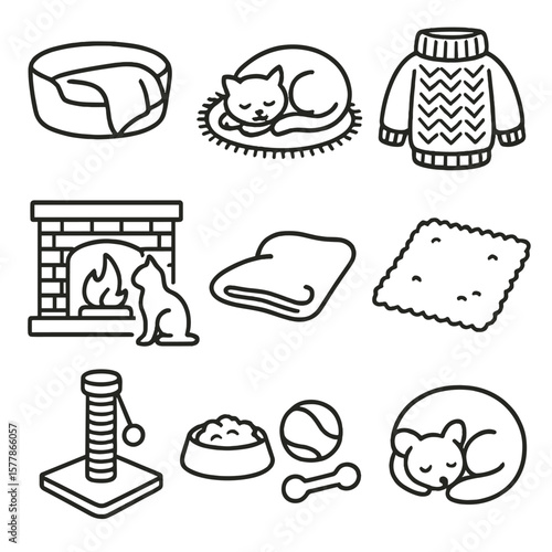 Cozy Pet Icons. Line style icons of cozy pet areas: pet bed with blanket, cat curled on rug, cozy dog sweater, pet by fireplace,