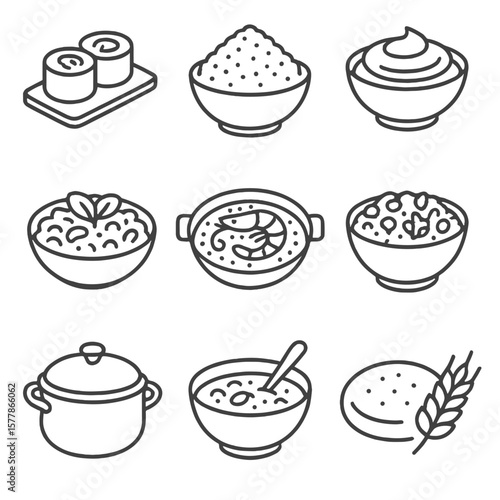 Global Grain Icons. Line style icons of global grain cuisine: sushi rice icon, couscous dish, polenta bowl, grain salad, paella