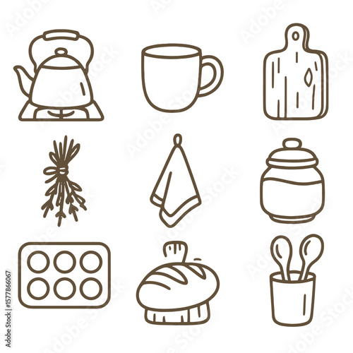 Cozy Kitchen Icons. Line style icons of cozy kitchen items: kettle on stove, ceramic mug, linen towel, rustic cutting board, herb