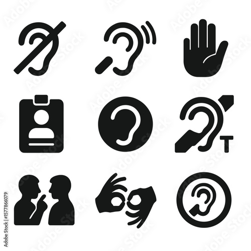 Deaf Accessibility Icons. Solid style icons of deaf and hard-of-hearing symbols: ear with slash, hearing symbol with waves, ASL
