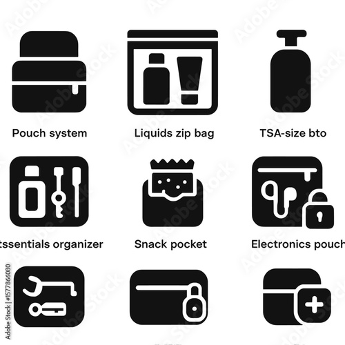 Carry-on Essentials Icons. Solid style icons of carry-on optimization: pouch system, liquids zip bag, laptop sleeve, TSA-size