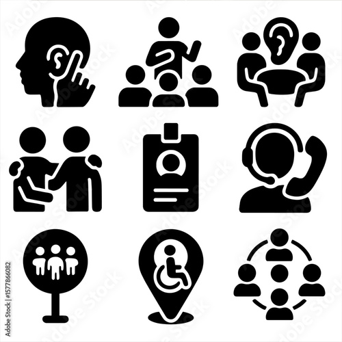 Social Inclusion Icons. Solid style icons of social inclusion and community: deaf community icon, group with interpreter, hearing