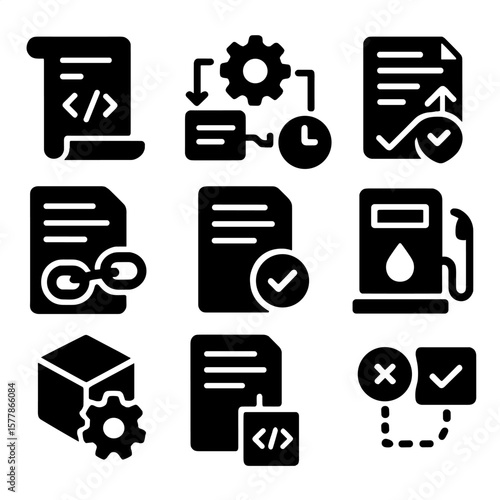Smart Contract Icons. Solid style icons of smart contracts: code contract scroll, auto-execute logic, condition and rule icon,
