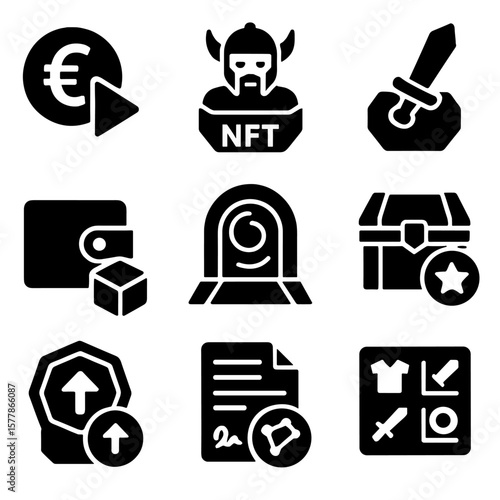 Blockchain Gaming Icons. Solid style icons of blockchain gaming: play-to-earn token, NFT hero icon, weapon NFT icon, in-game