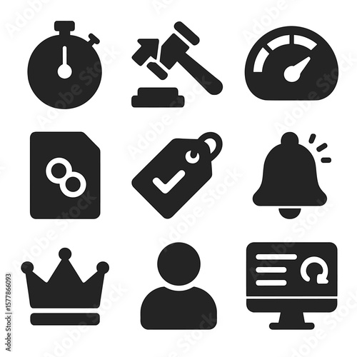 Token Auction Icons. Solid style icons of token auctions: auction timer, gavel with bid arrow, highest bid meter, open offer icon,