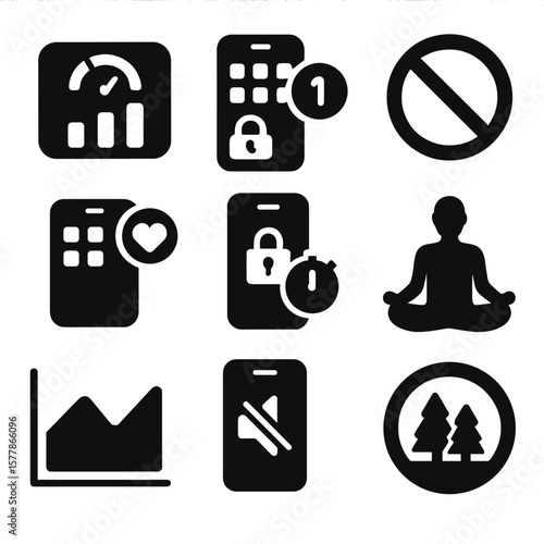 Digital Wellbeing Icons. Solid style icons of digital wellbeing tools: screen time dashboard, app usage limit, do not disturb icon