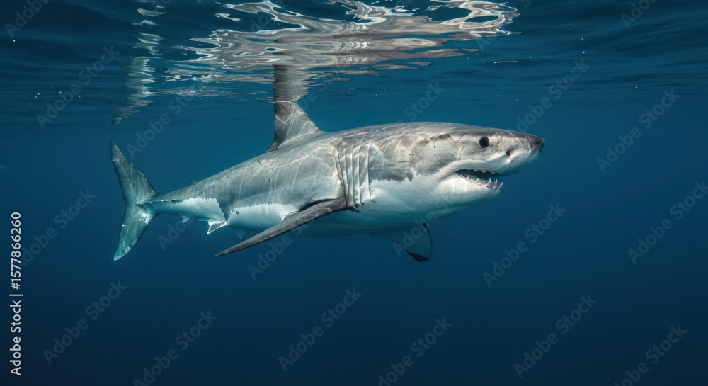 Naklejka premium A great white shark swims in clear blue water its sharp teeth visible