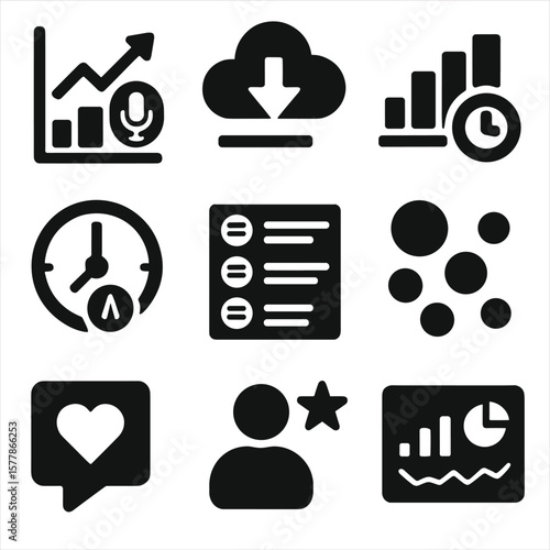 Podcast Analytics Icons. Solid style icons of podcast analytics: listener growth chart, download count badge, audience retention