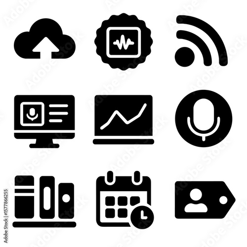 Podcast Platform Icons. Solid style icons of podcast hosting platforms: cloud upload icon, episode publishing badge, podcast RSS