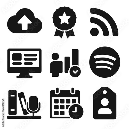 Podcast Platform Icons. Solid style icons of podcast hosting platforms: cloud upload icon, episode publishing badge, podcast RSS