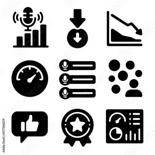 Podcast Analytics Icons. Solid style icons of podcast analytics: listener growth chart, download count badge, audience retention