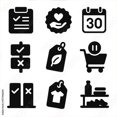 Minimalist Icon Set. Solid style icons of minimal and intentional buying: declutter checklist icon, thoughtful purchase badge,