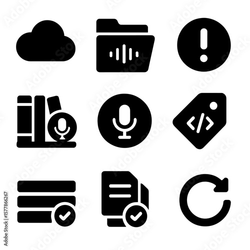 Podcast Storage Icons. Solid style icons of podcast archive and storage: cloud storage icon, episode archive folder, backup drive