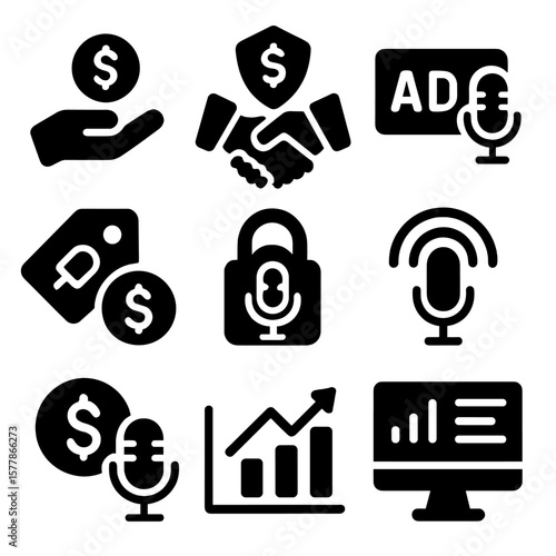 Podcast Monetization Icons. Solid style icons of podcast monetization: donation button icon, sponsor agreement badge, ad insert