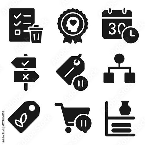 Minimalist Icon Set. Solid style icons of minimal and intentional buying: declutter checklist icon, thoughtful purchase badge,