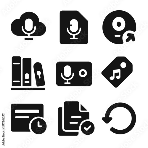 Podcast Storage Icons. Solid style icons of podcast archive and storage: cloud storage icon, episode archive folder, backup drive