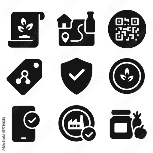 Product Traceability Icons. Solid style icons of product traceability: origin story icon, farm-to-product map, QR code trace badge