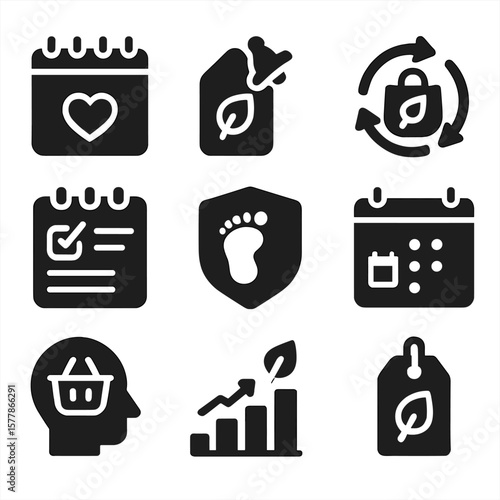 Eco Shopping Icons. Solid style icons of habit-forming eco shopping: behavior change tracker, mindful purchase reminder, daily