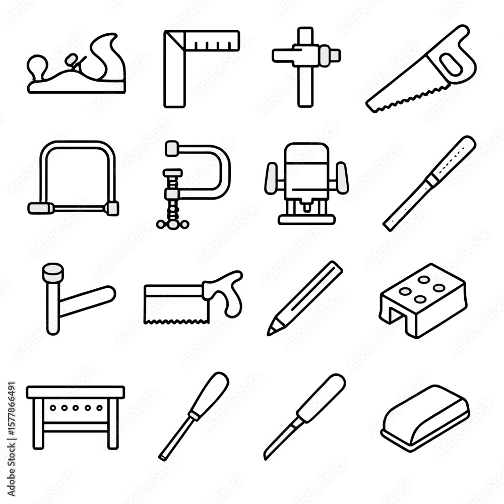 Fototapeta premium Carpentry Tools Icons. Line style icons of carpentry tools: wood plane, try square, marking gauge, handsaw, coping saw, clamp,