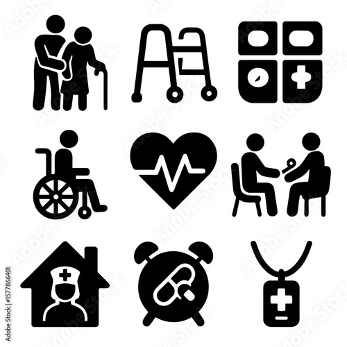 Senior Health Icons. Solid style icons of senior health and care: caregiver with elder, walker icon, pill organizer, medical alert