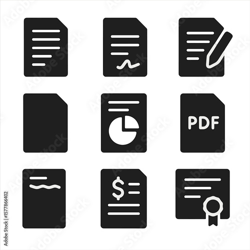 Solid Document Icons. Solid style icons of document and print items: printed paper, signed contract, draft document, report cover,