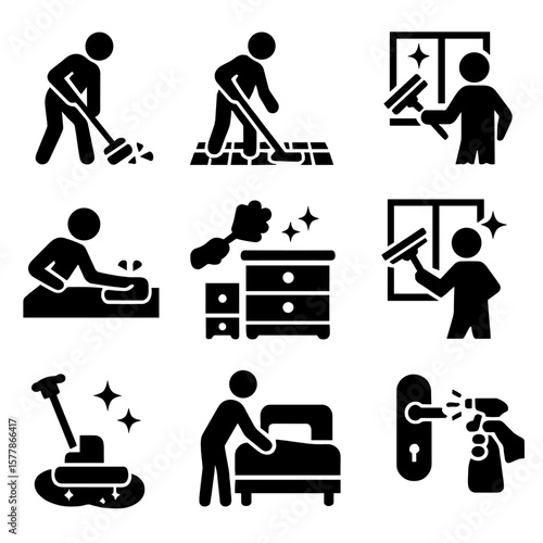 Housekeeping Activity Icons. Solid style icons of housekeeping activities: sweeping floor, mopping tiles, vacuuming carpet,