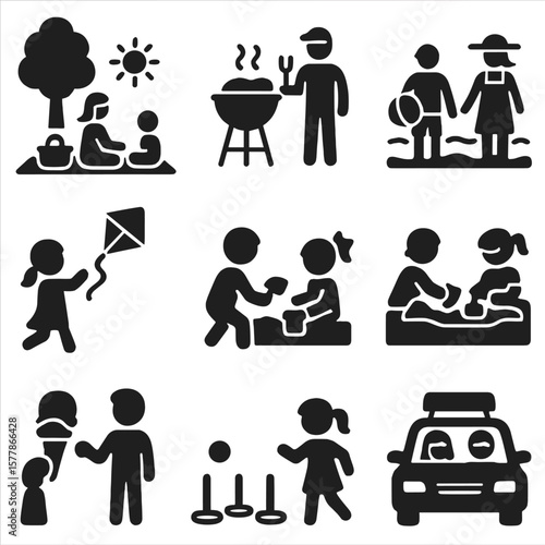 Family Summer Icons. Solid style icons of family summer activities: picnic in park, barbecue grill, family beach day, kids in