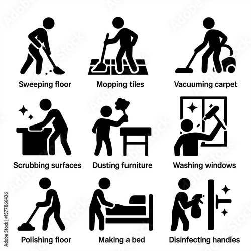 Housekeeping Activity Icons. Solid style icons of housekeeping activities: sweeping floor, mopping tiles, vacuuming carpet,