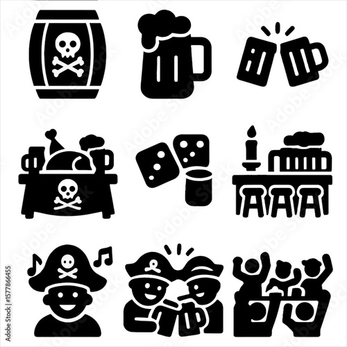 Pirate Tavern Icons. Solid style icons of pirate tavern and gatherings: rum barrel, tavern mug, group toast, pirate feast table,
