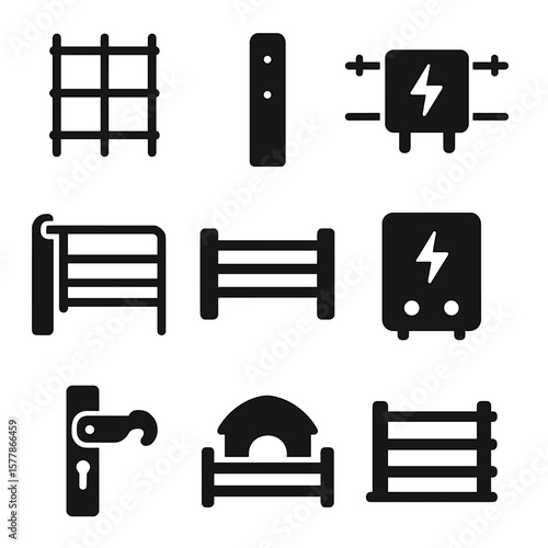 Fencing Icon Collection. Solid style icons of fencing and containment: wire fence, wooden post, electric fence unit, portable