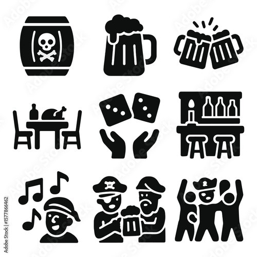 Pirate Tavern Icons. Solid style icons of pirate tavern and gatherings: rum barrel, tavern mug, group toast, pirate feast table,