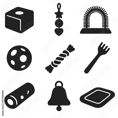 Enrichment Tools Icons. Solid style icons of enrichment and comfort: mineral block, hanging toy, scratch arch, rooting ball, chew