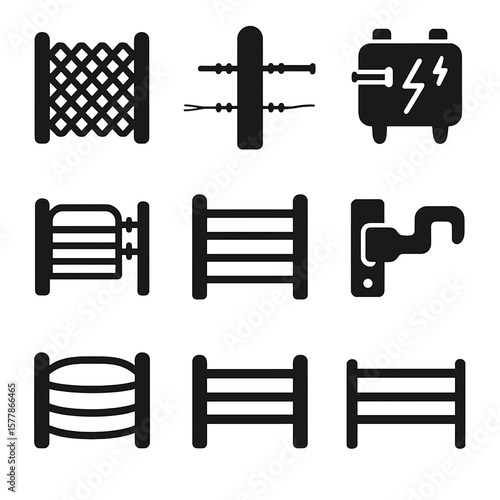 Fencing Icon Collection. Solid style icons of fencing and containment: wire fence, wooden post, electric fence unit, portable
