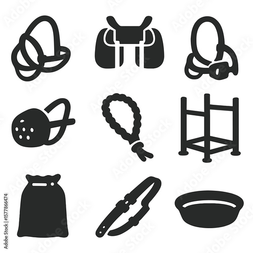 Camelid Gear Icons. Solid style icons of camelid gear: llama halter, pack saddle, shearing harness, spitting guard, padded neck