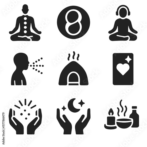 Healing Rituals Icons. Solid style icons of healing rituals: chakra alignment icon, energy balance symbol, meditation circle,