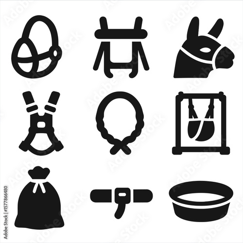 Camelid Gear Icons. Solid style icons of camelid gear: llama halter, pack saddle, shearing harness, spitting guard, padded neck