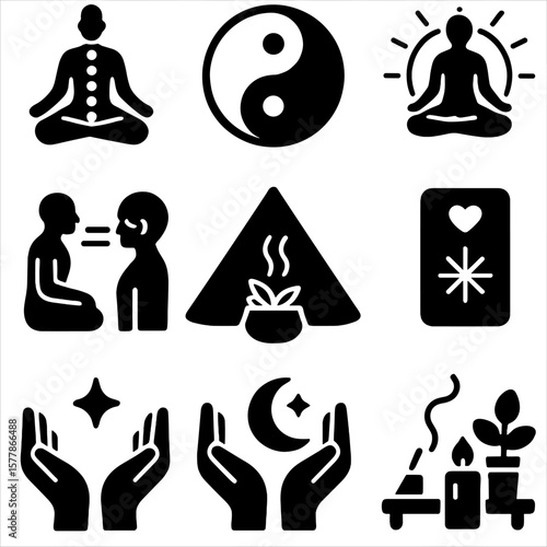 Healing Rituals Icons. Solid style icons of healing rituals: chakra alignment icon, energy balance symbol, meditation circle,