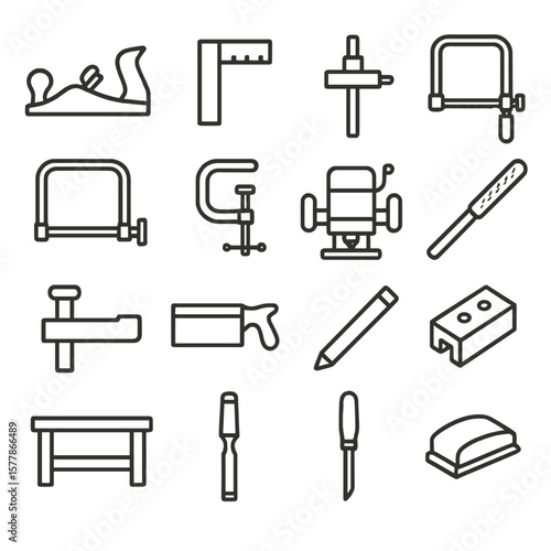 Carpentry Tools Icons. Line style icons of carpentry tools: wood plane, try square, marking gauge, handsaw, coping saw, clamp,