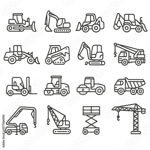 Construction Machinery Icons. Line style icons of construction machinery: bulldozer, excavator, loader, backhoe, grader, skid