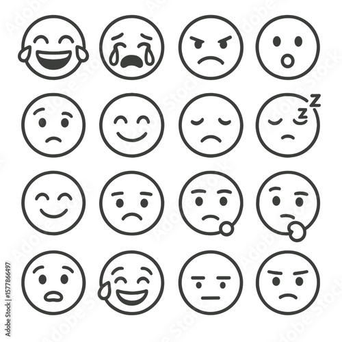 Facial Expression Icons. Line style icons of facial expressions: laughing face, crying face, angry face, shocked face, confused