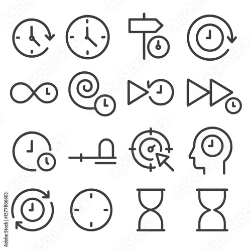 Time Concept Icons. Line style icons of time concepts: past icon, present moment, future sign, time cycle, infinite loop, time