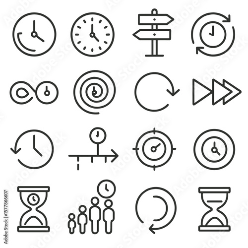 Time Concept Icons. Line style icons of time concepts: past icon, present moment, future sign, time cycle, infinite loop, time